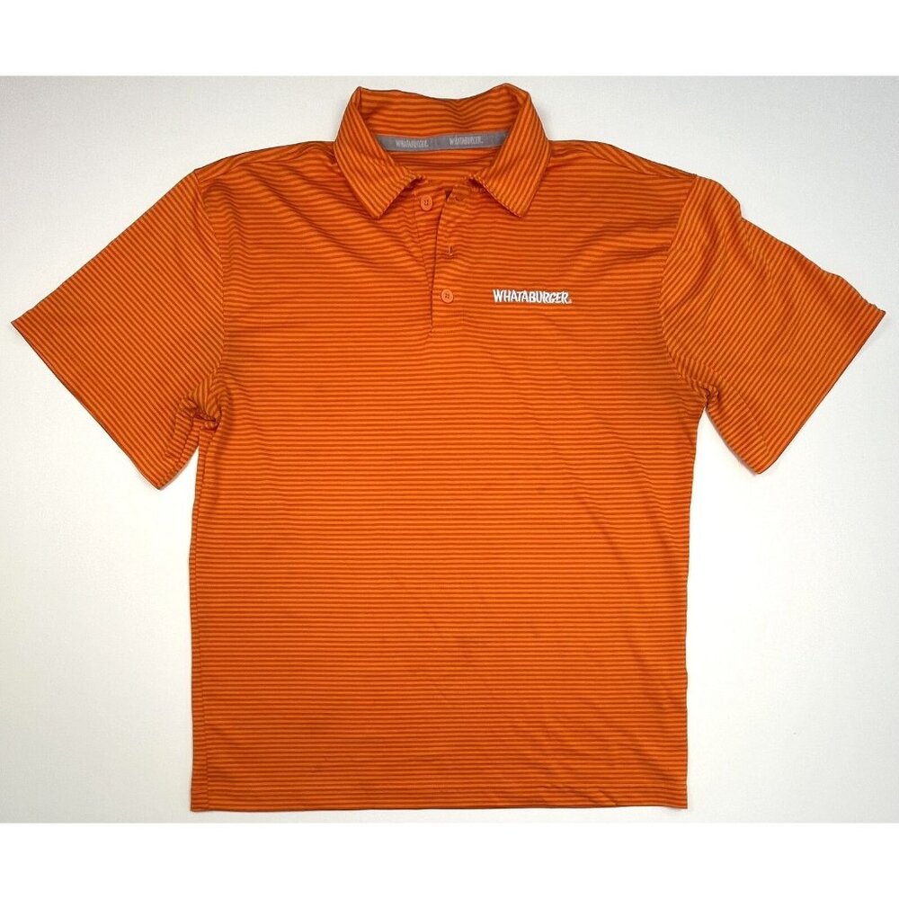 WHATABURGER Adult MEDIUM Orange Stripe S/S Polo SHIRT Uniform Employee Work READ